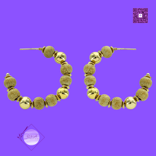 Wood and Gold Bead Hoop Earrings